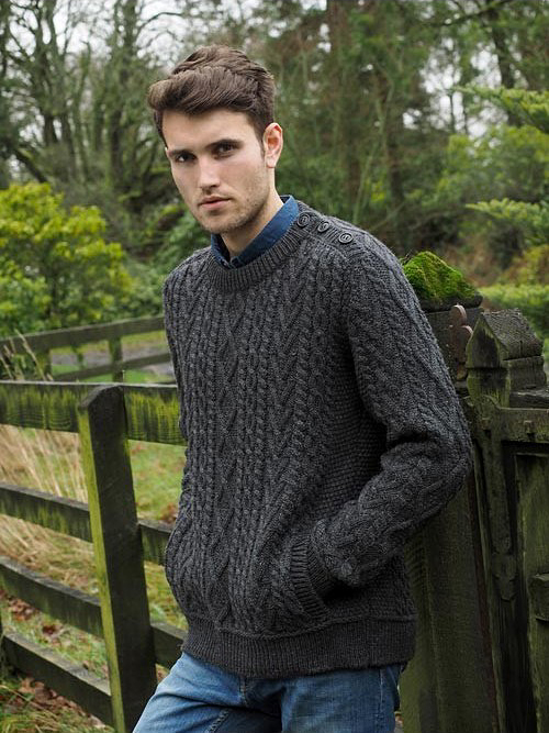 Aran Crafts Mens Cable Knit Aran Sweater Crewneck Side Shoulder Buttons Buttoned Detail