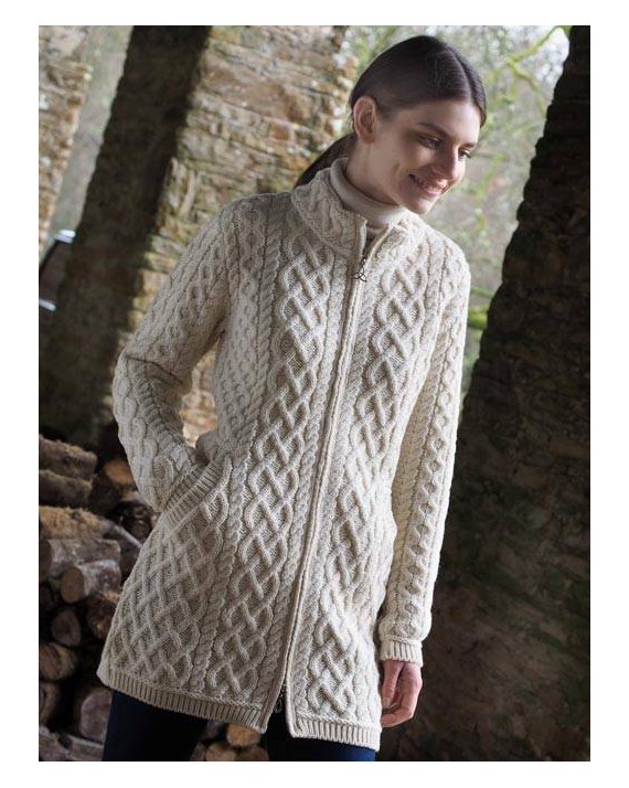 Aran Crafts Label Irish womens Merino Wool Collared Zip Front Cardigan Aran Sweater Jumper