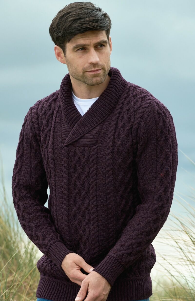 Aran Crafts Irish Mens Wool Cable Knit Sweater V-Neck Shawl Collar Sweater Fisherman Pullover