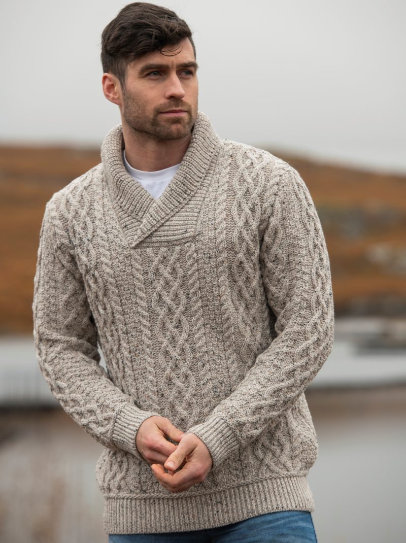 Aran Crafts Irish Mens Wool Cable Knit Sweater V-Neck Shawl Collar Sweater Fisherman Pullover