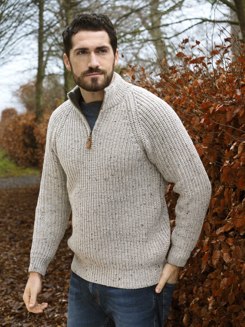 Aran Crafts Irish Mens Wool Ribbed Half Zip Neck Sweater or Mock Neck With Zipper