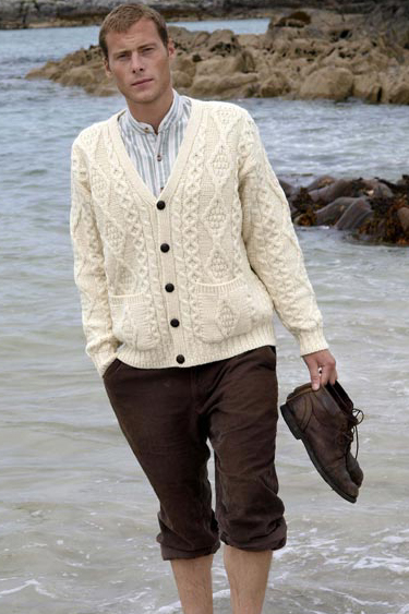 Aran Crafts Mens Aran Sweater V-Neck Buttoned Cardigan Sweater