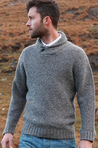 Aran Woollen Mills Carraig Donn Irish Mens Wool Aran Sweater Shawl Collar 
Shawl Neck Crew Neck Crewneck Pullover Jumper Sweater Donegal Wool Shackleton