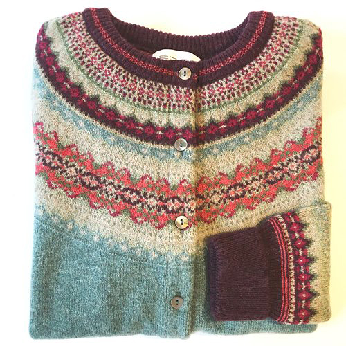 Womens Ladies Eribe Fair Isle Short Cropped Cardigan: Alpine in Old Rose. Nordic Shetland Icelandic Norwegian Yoke Neck Sweater